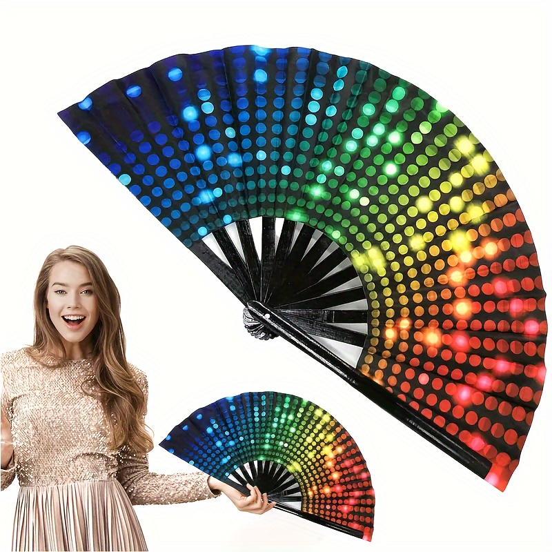 

Large Fluorescent Folding Fan, Bamboo Kung Fu Handheld Fan, Rainbow Colorful Party Fan, Dance & Performance Accessory, Festive Event Fan With Ring Design, Ideal For Parties & Gatherings