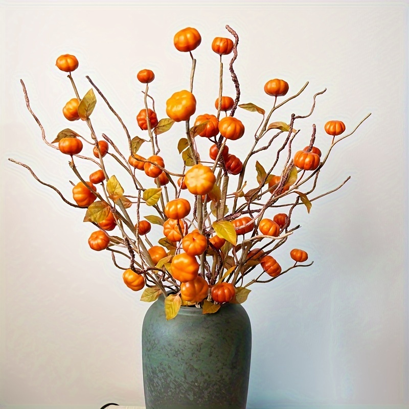 

Thanksgiving & Decor - 1pc Artificial Pumpkin Branches With Leaves, Orange Faux Pumpkin Bouquet For Fall Tabletop Display