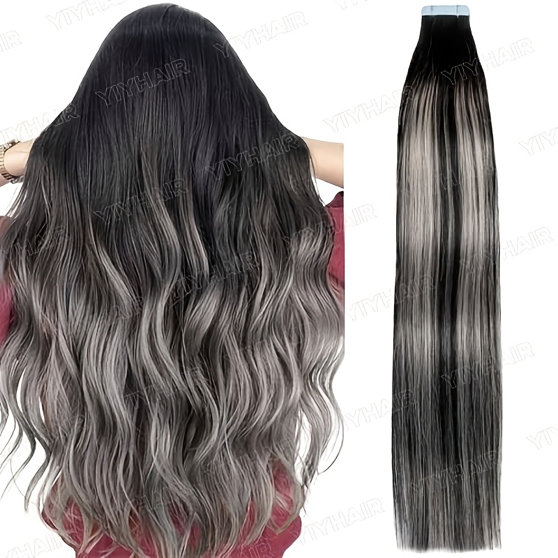 Tape In Hair Extensions Human Hair #1b/grey To Grey 20pcs Human Hair Extensions Tape In Real Human Hair Extensions Natural Hair Extensions Straight Add Length & Volume High Quality