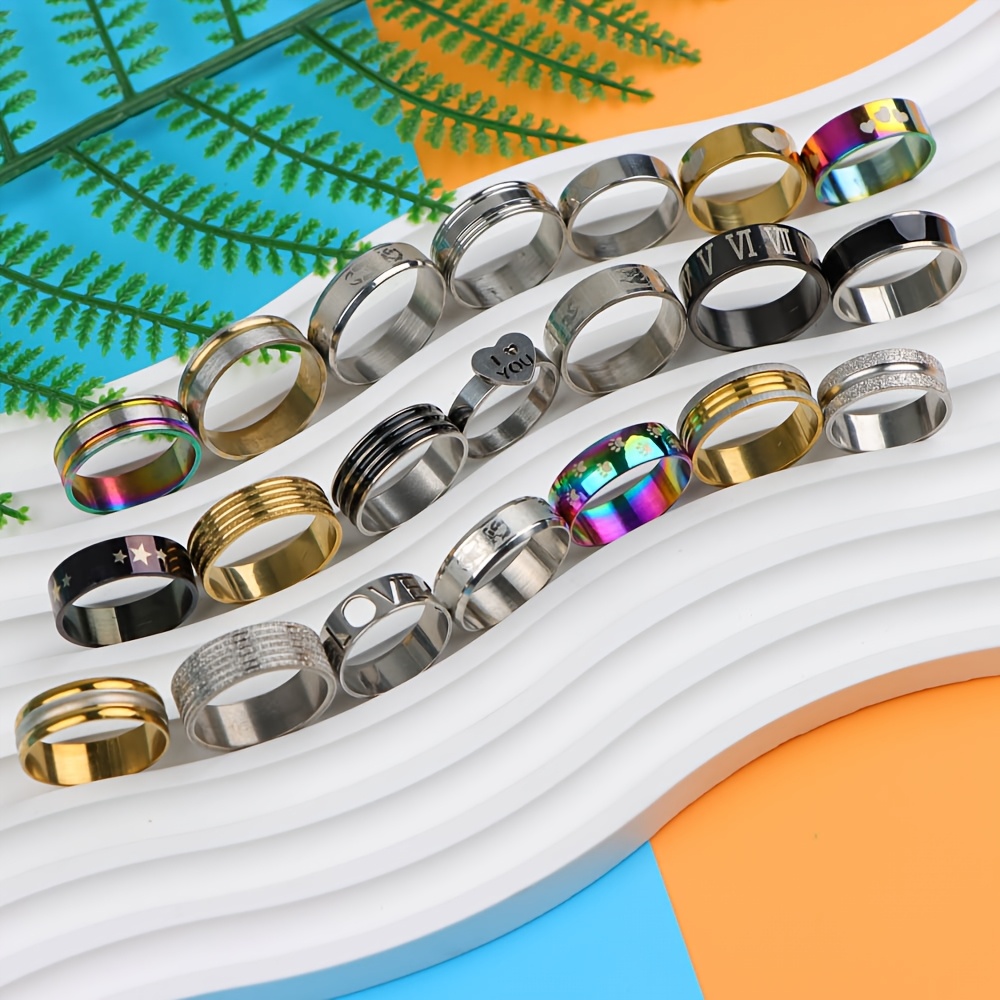 20pcs Printed Striped Stainless Steel Rings Mixed Style