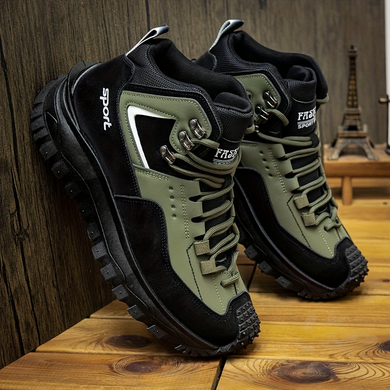 

[lightweight] Men' Sneakers - Non-slip, Casual Shoes With Tread For Hiking & Casual Attire, Black & Green Upper, Pu Material, Lace-up Closure, Shoes | Design | Pvc Sole