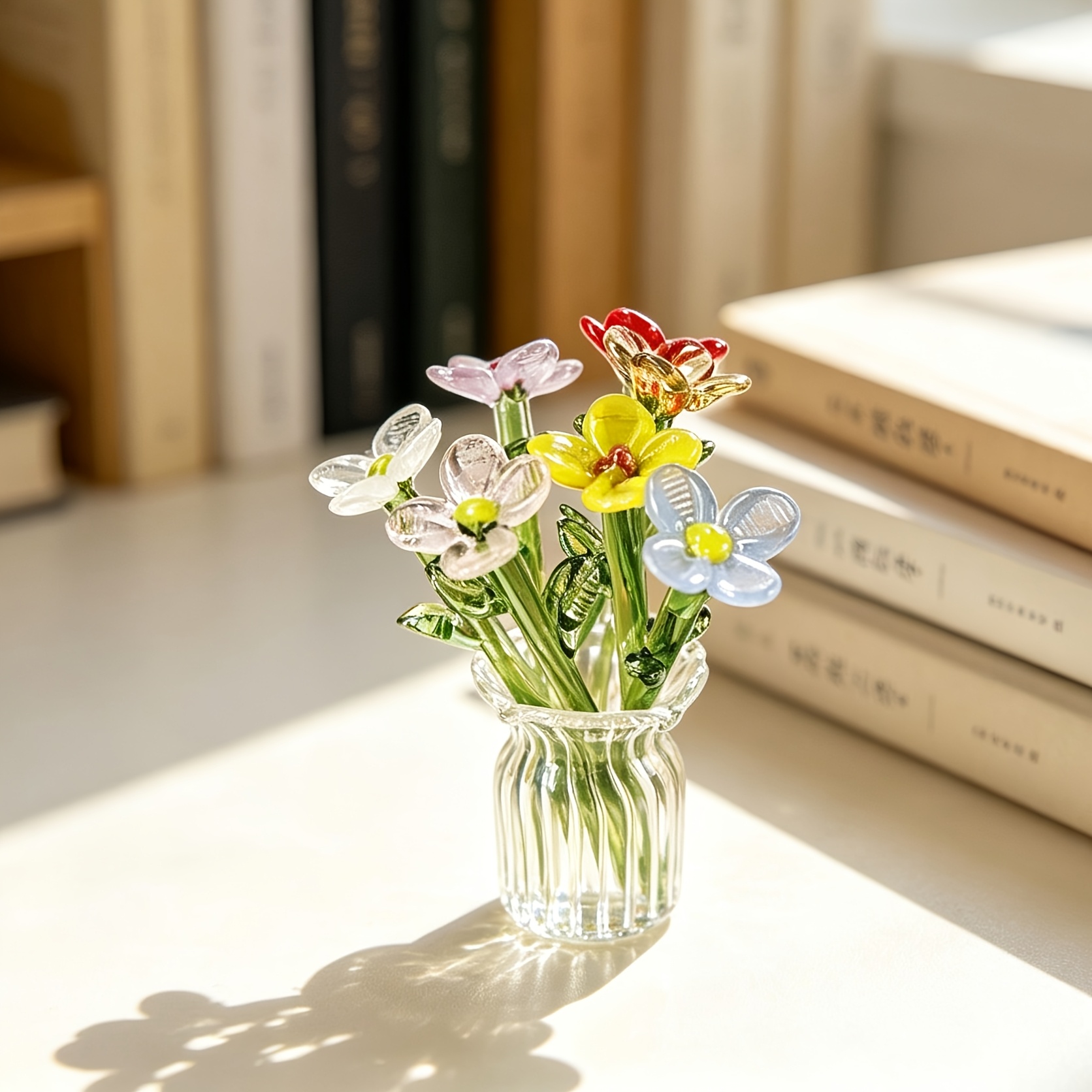 TEMU Random Color 8pcs Mini Glass Bouquet Of 7pcs Flowers And 1pc Vase, Cute Glass Artificial Flower Decoration Small Ornament, Hand-blown Glass