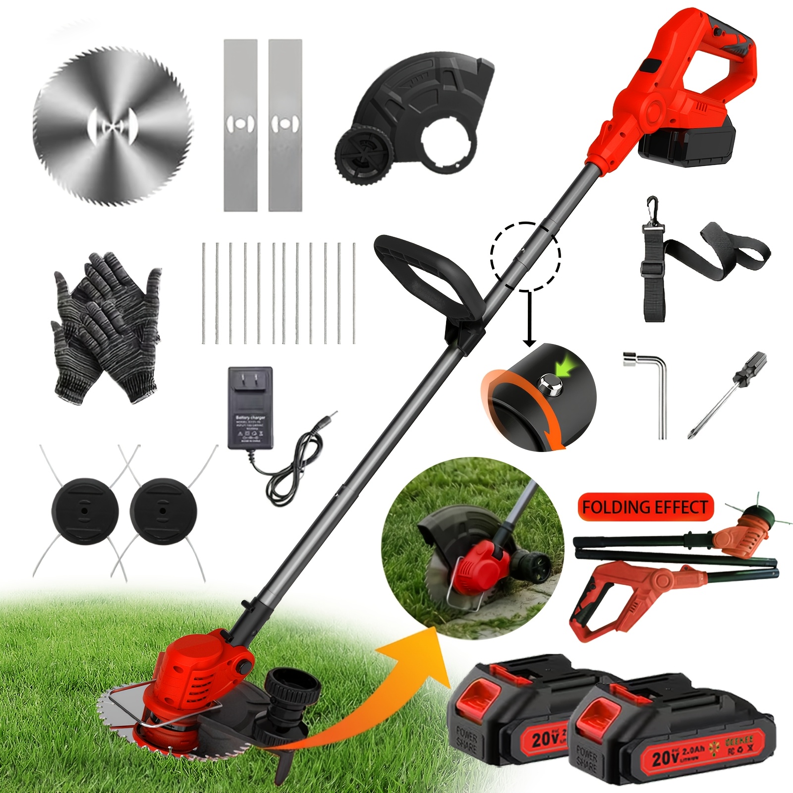 TEMU Portable Cordless Electric Lawnmower For Home Use, Garden Weeder/cordless Trimmer, With 3 , Trimmer Lines & 2 High-capacity Lithium Batteries,
