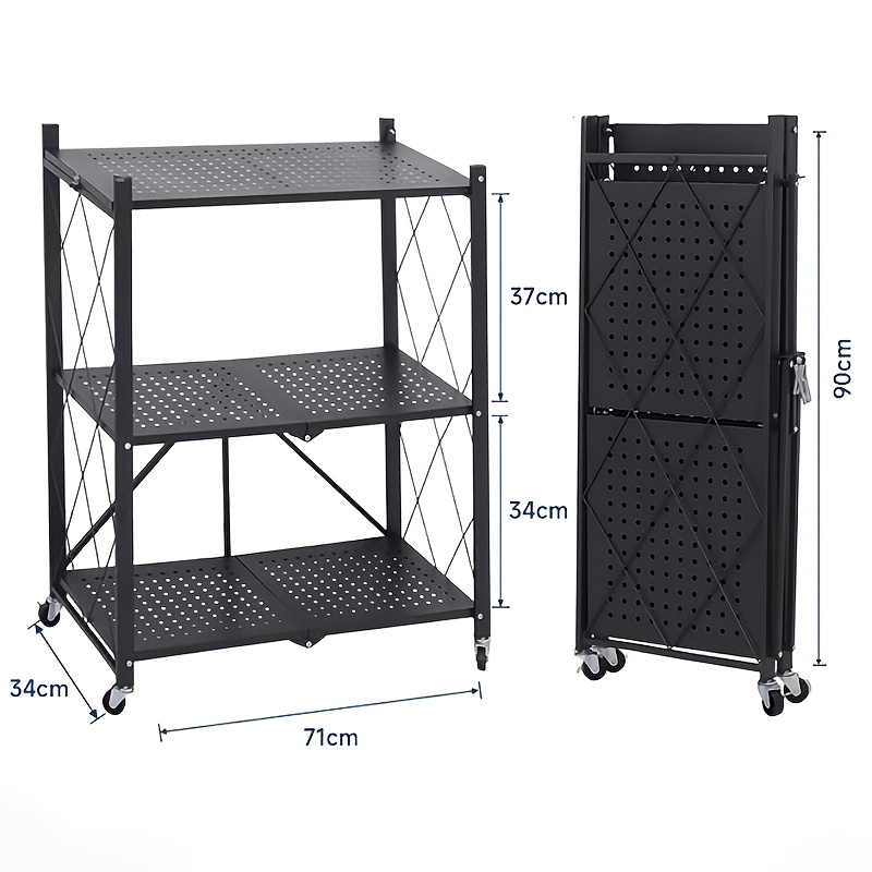 Image of No Foldable Metal Storage Rack With Lockable Wheels, Collapsible Rolling Utility Organizer Shelf For Home Kitchen Bedroom Bathroom, Standing Shelf, Standing Shelf