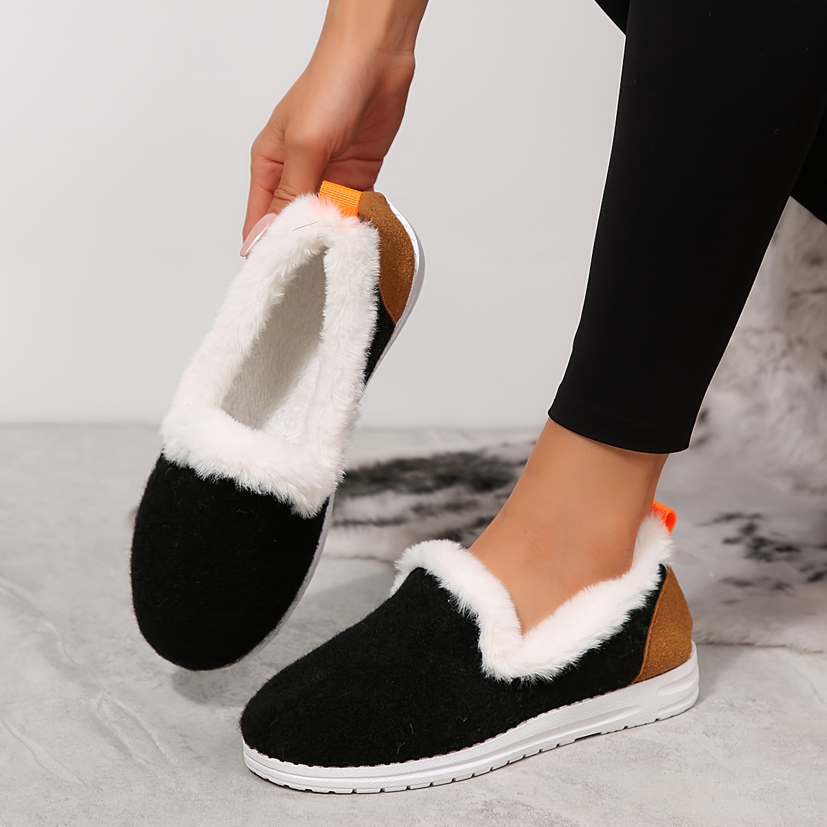 womens winter plush like penny loafers soft warm round toe slip on shoes with white rubber sole cozy fabric insole hand washable indoor   style low cut flats for cold weather white 6