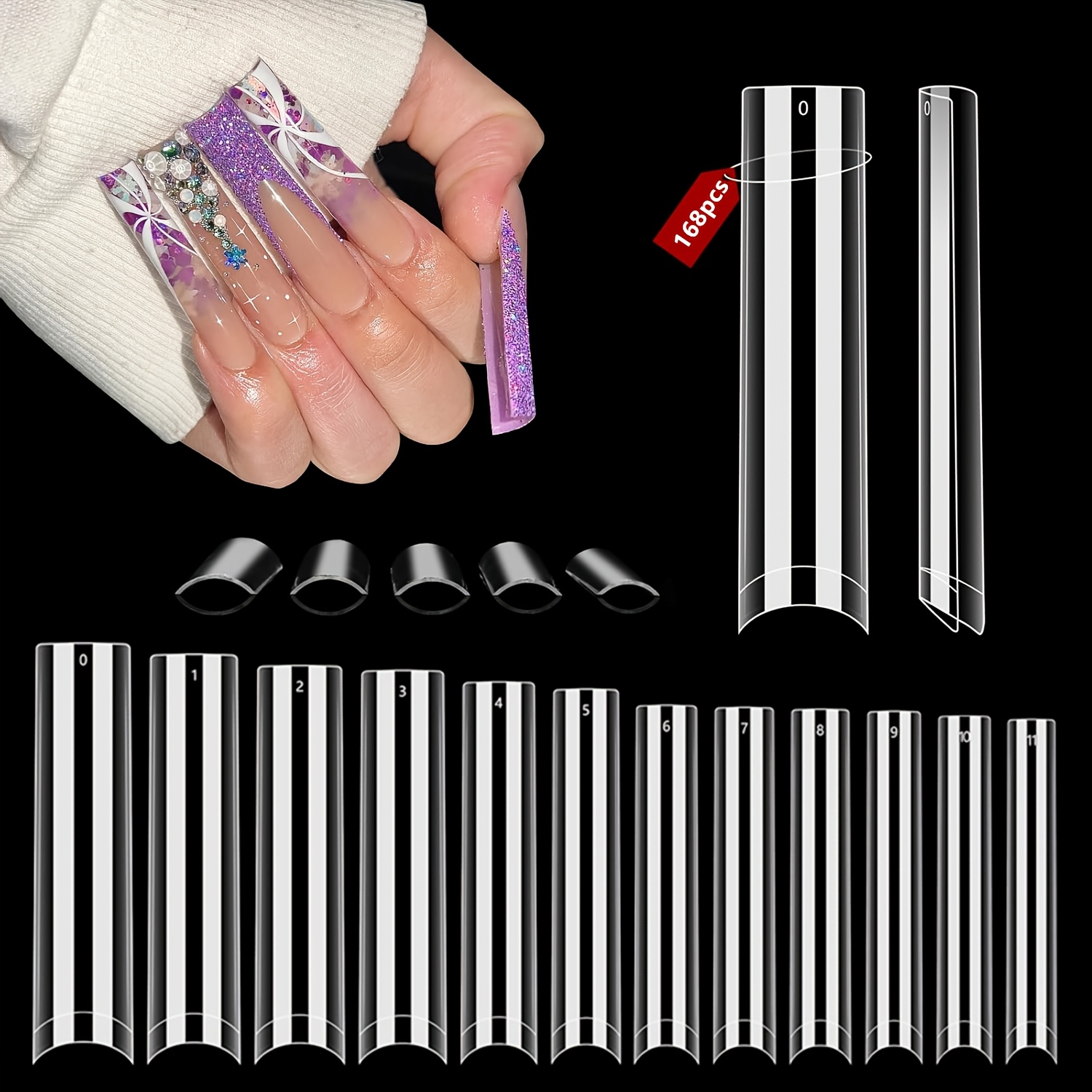 TEMU 168pcs Transparent Extra Long Xxl Nail Ballet Nail Tips False Nails Mixed 12 Sizes Half Cover Square Nail Fake Nail Patches Nail Extension