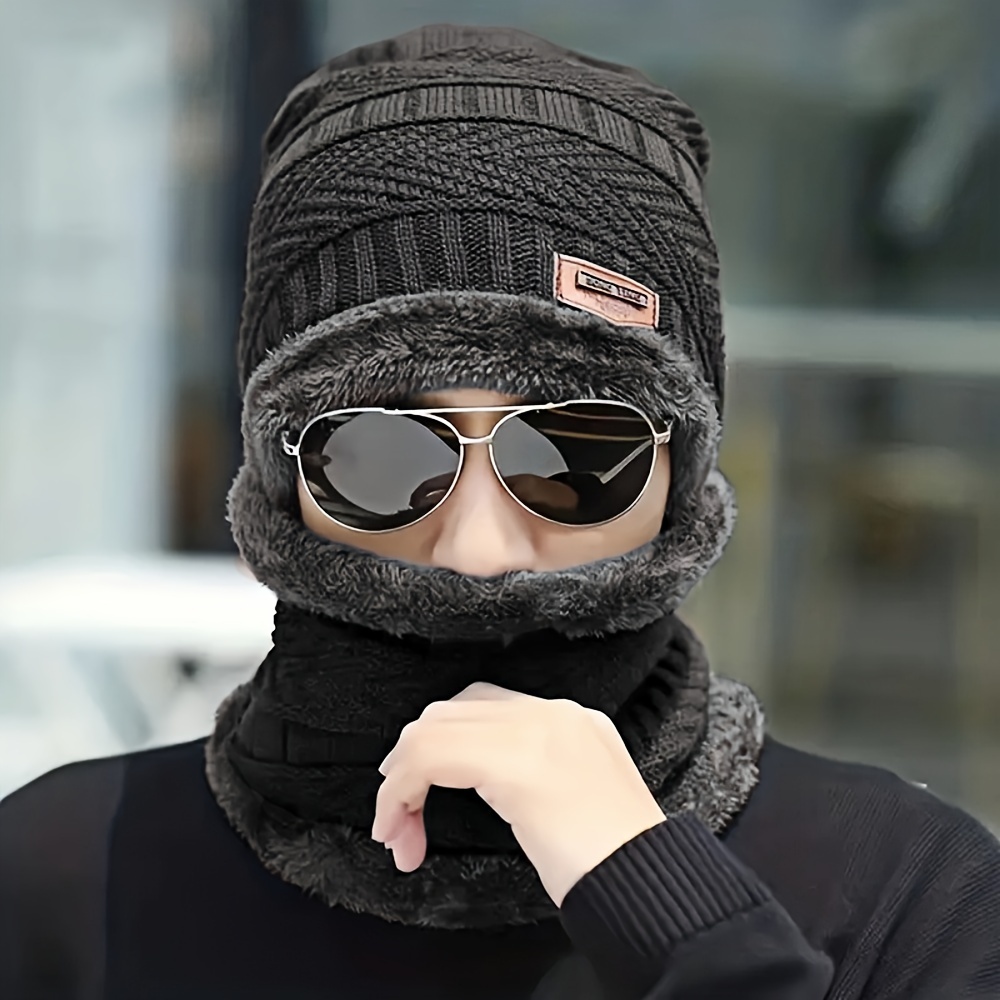 TEMU Ensemble Chapeau et Écharpe d'Hiver pour Homme, Tissu Polyester avec Doublure Peluche, Style Tendance et Cool - Élastique, Lavable à - Cadeau