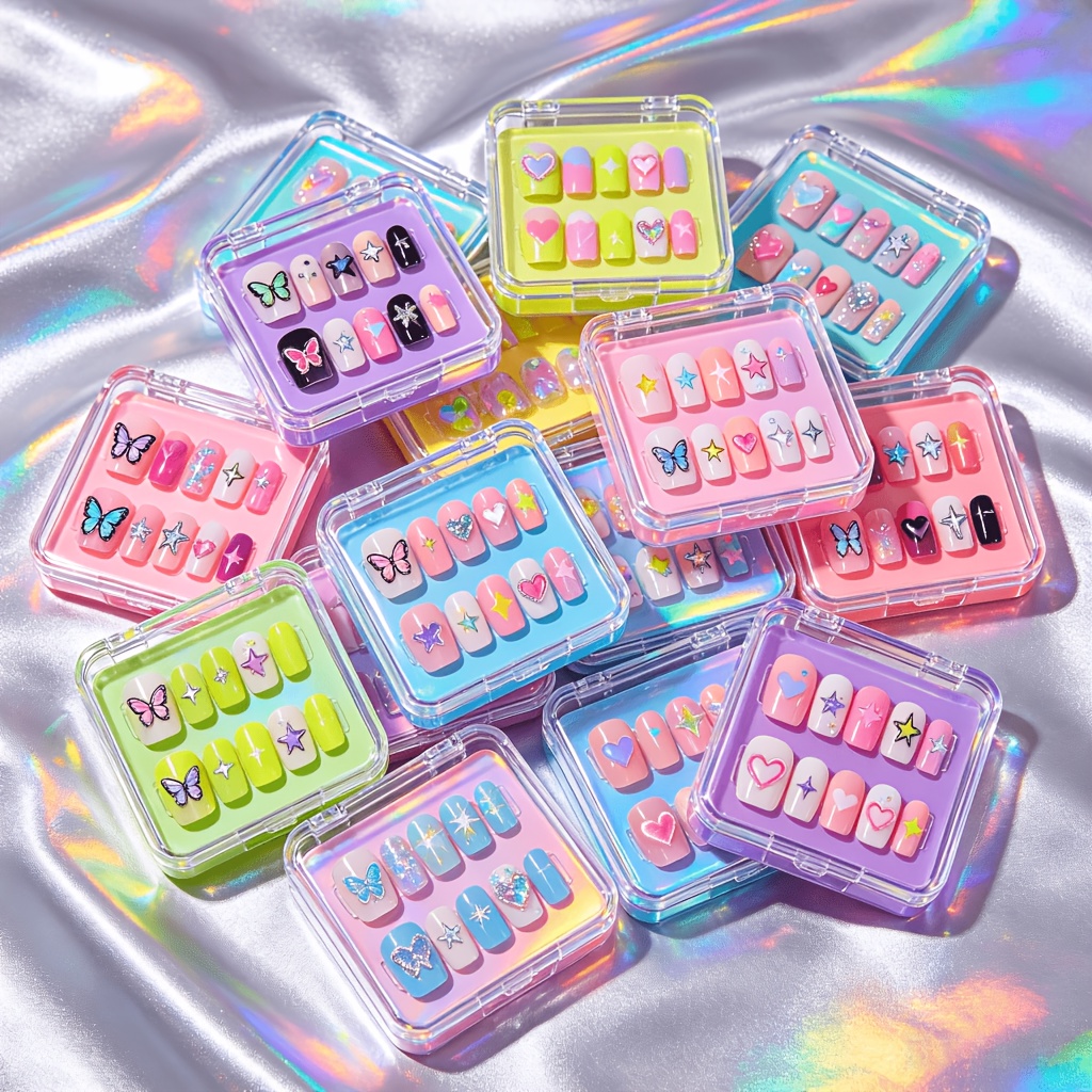 TEMU 96pcs Holographic Radiance Press-on Nails Short Almond Shape, Reusable Soft Gel Fake Nails Kit With Nail Glue And Adhesive Tabs, Rainbow Shiny