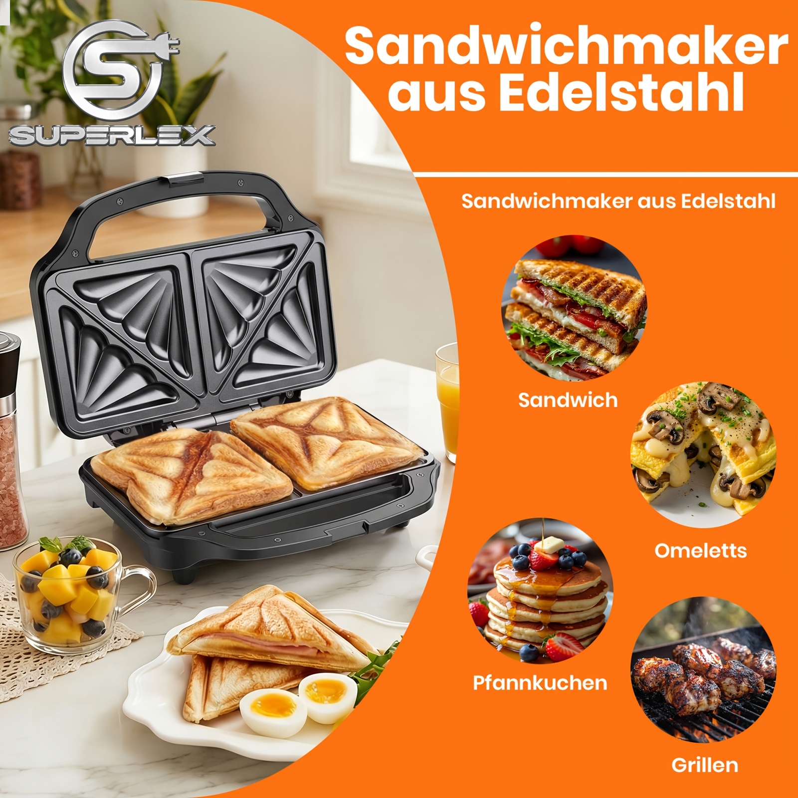 E-shop SUPERLEX XL Sandwichmaker Toasterpressen 2 Scheiben Toaster -Haft-Platten Kühle Griff Automatische Temperaturregelung Sandwichmaker