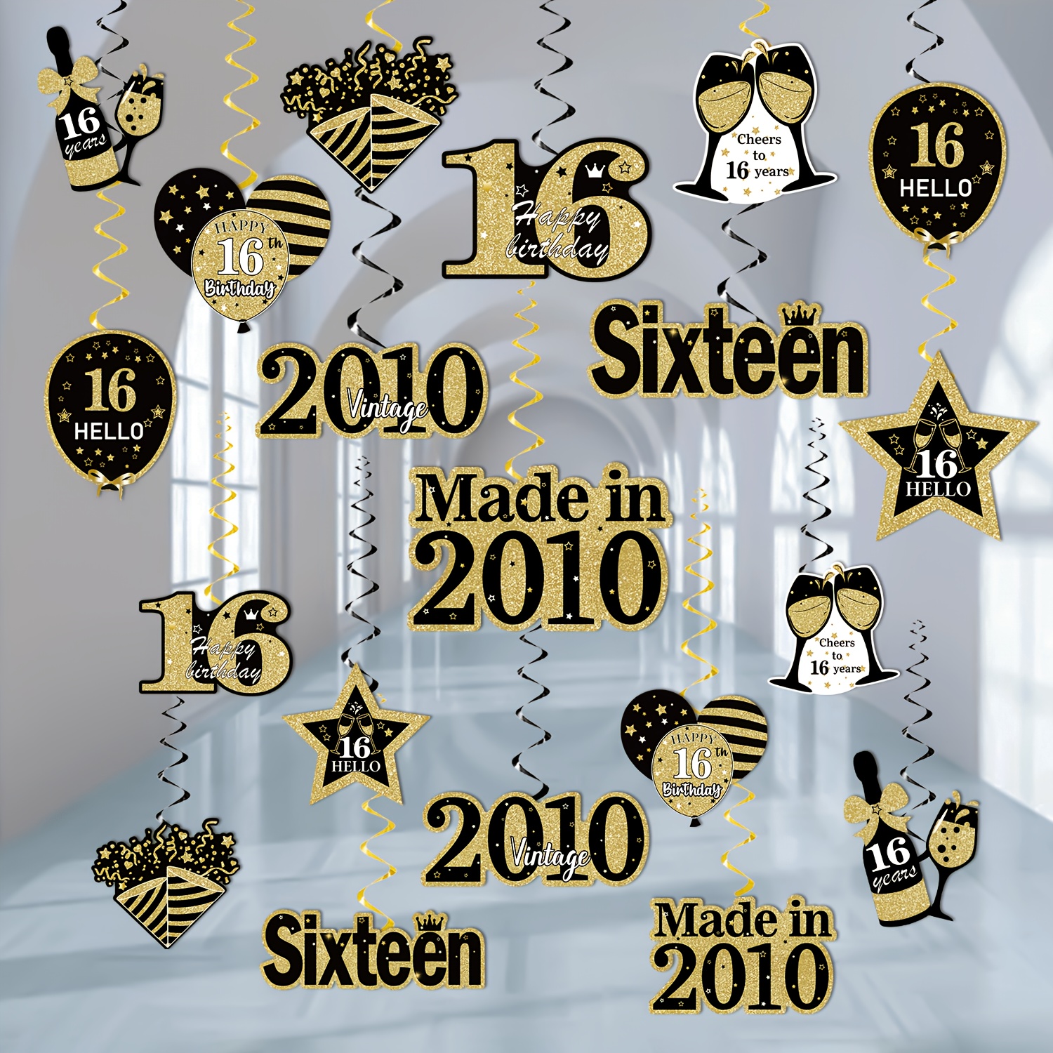 TEMU Party Streamers, 40pcs Black Golden 16th Birthday Party Decoration Supplies, Vintage 2010 16th Birthday Foil Swirl Party Supplies, 16th Birthday