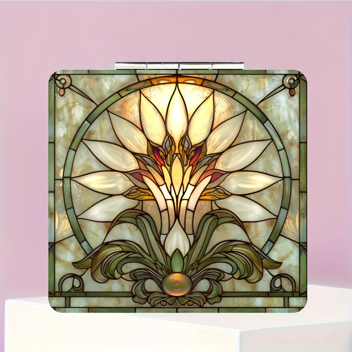 TEMU Lily Stained Glass Fashionable Series Of Square Makeup Mirrors, Foldable Mini Handheld Mirror, Powdercoated Glass Surface, Fragrancefree, Faux