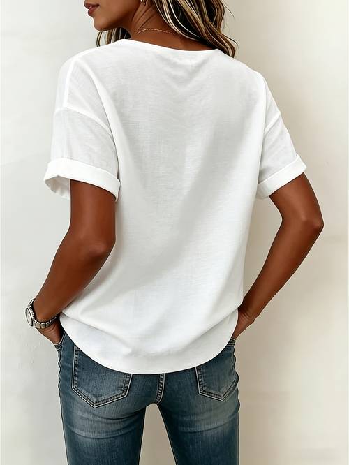 womens v neck fabric shirt t shirt with diagonal button placement rolled hem short sleeves loose fit summer daily casual top