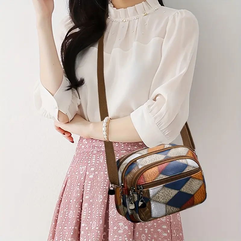 versatile shoulder bag with multiple pockets geometric decorations wide shoulder strap crossbody bag and handbag suitable for daily commute work travel and various functions details 6
