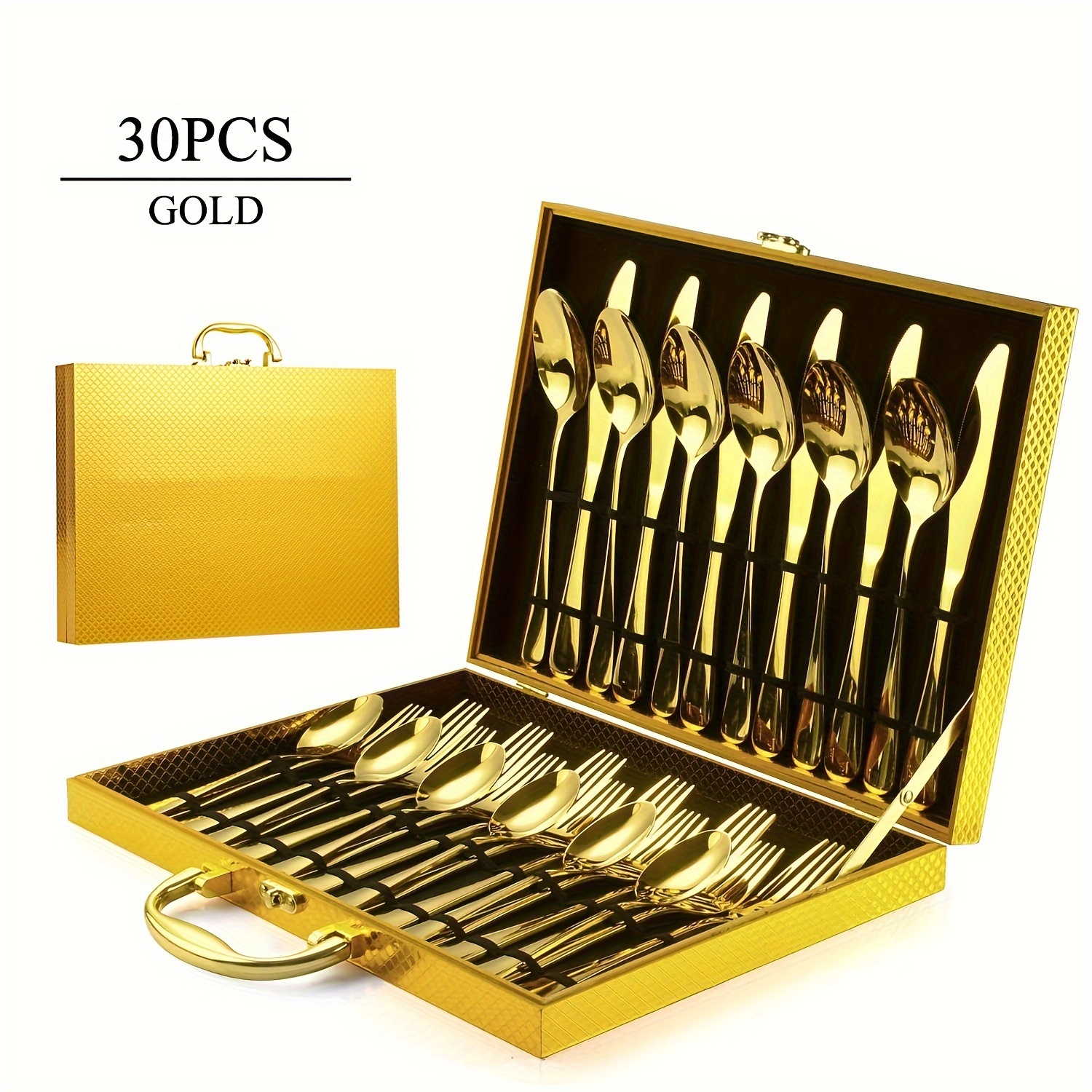 

30pcs Luxurious Golden Stainless Steel Cutlery Set - Mirror Polished, Rust-resistant Flatware With Elegant Wooden Gift Box - & Easy To Clean - Weddings, Holiday Dining & Home Use