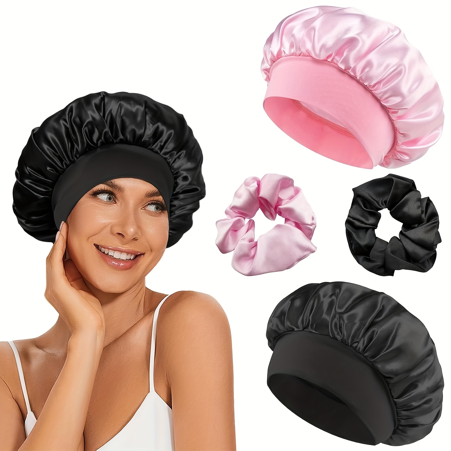 E-shop 2 Stück Verstellbare Satinhaube für Frauen Männer – Atmungsaktive Haarkappe mit 2 Haargummis, Weichrosa Schwarz, Bequemer Nachtschutz für die