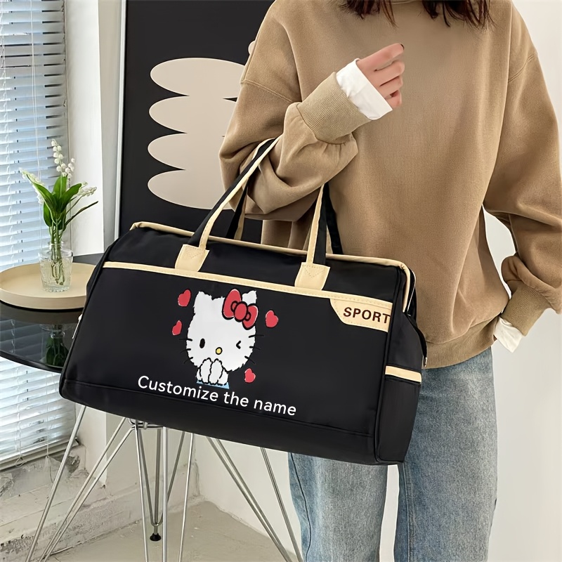 TEMU Custom Name Hello Kitty Women's Travel Duffel Bag - Sporty Gym Tote With Shoe Compartment, Adjustable Strap, Durable Weekender Overnight Carry-on Bag (purple/red/black), Hello Kitty Travel Bag