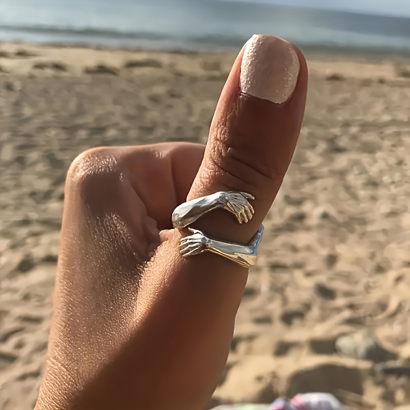 TEMU Bague en argent 925 design amusant et de main enlacée, bague ouverte ajustable avec motif