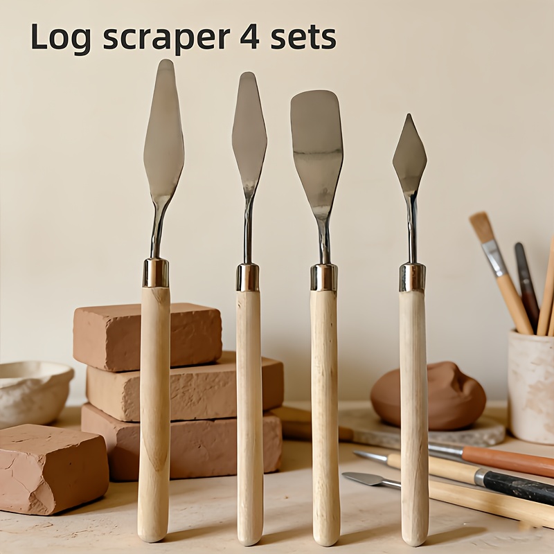 TEMU 4pcs Wooden Handle Clay Sculpting Scraper Set - Pottery Shaping & Smoothing Tools