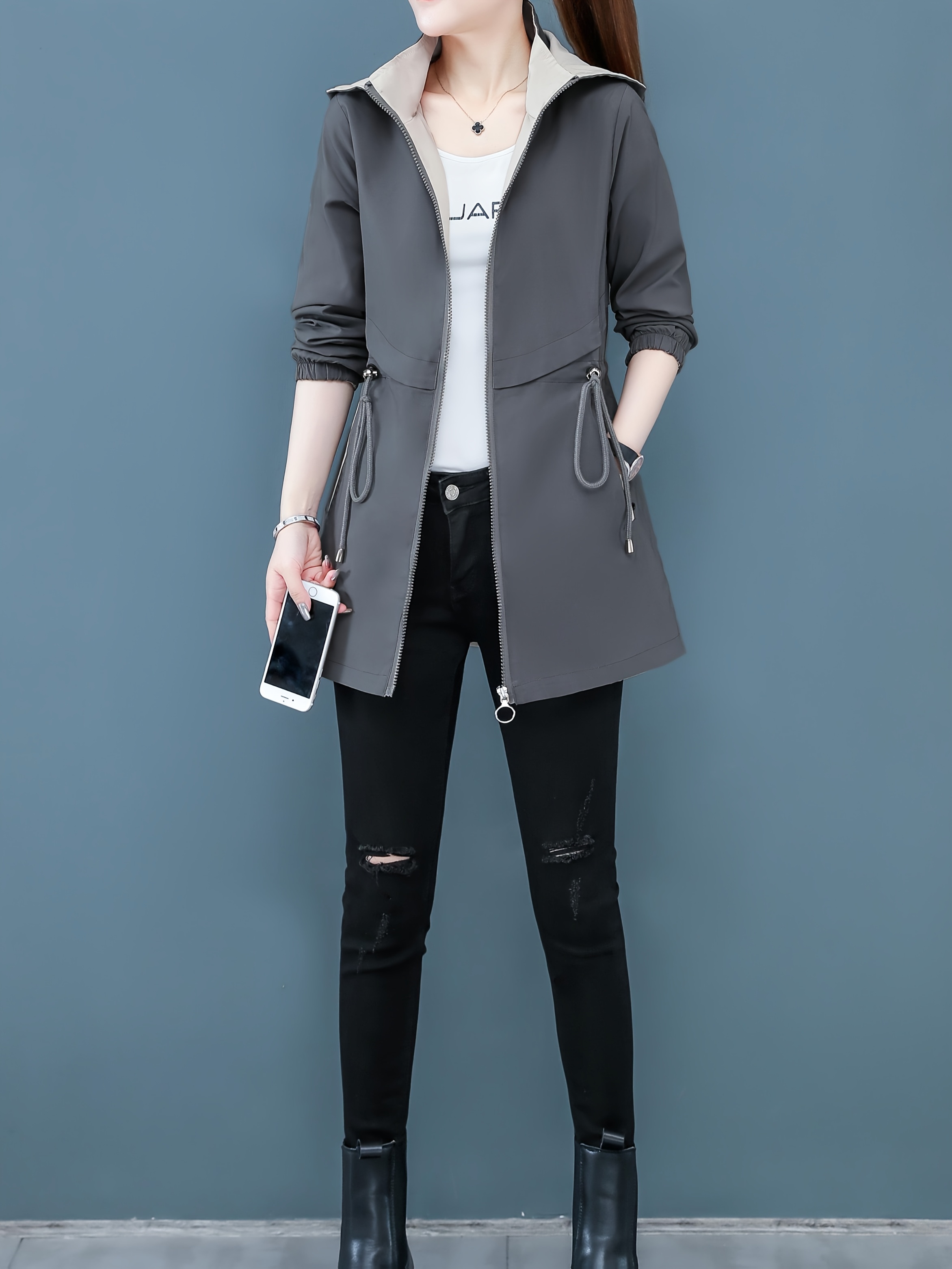 Abrigo Tipo Trench con Capucha Reversible para Mujer - Chaqueta Ajustada y Casual con Bolsillos Cremallados, Uso Doble Cara, Beige y Granate, Poliéster Ligero para Primavera/Otoño