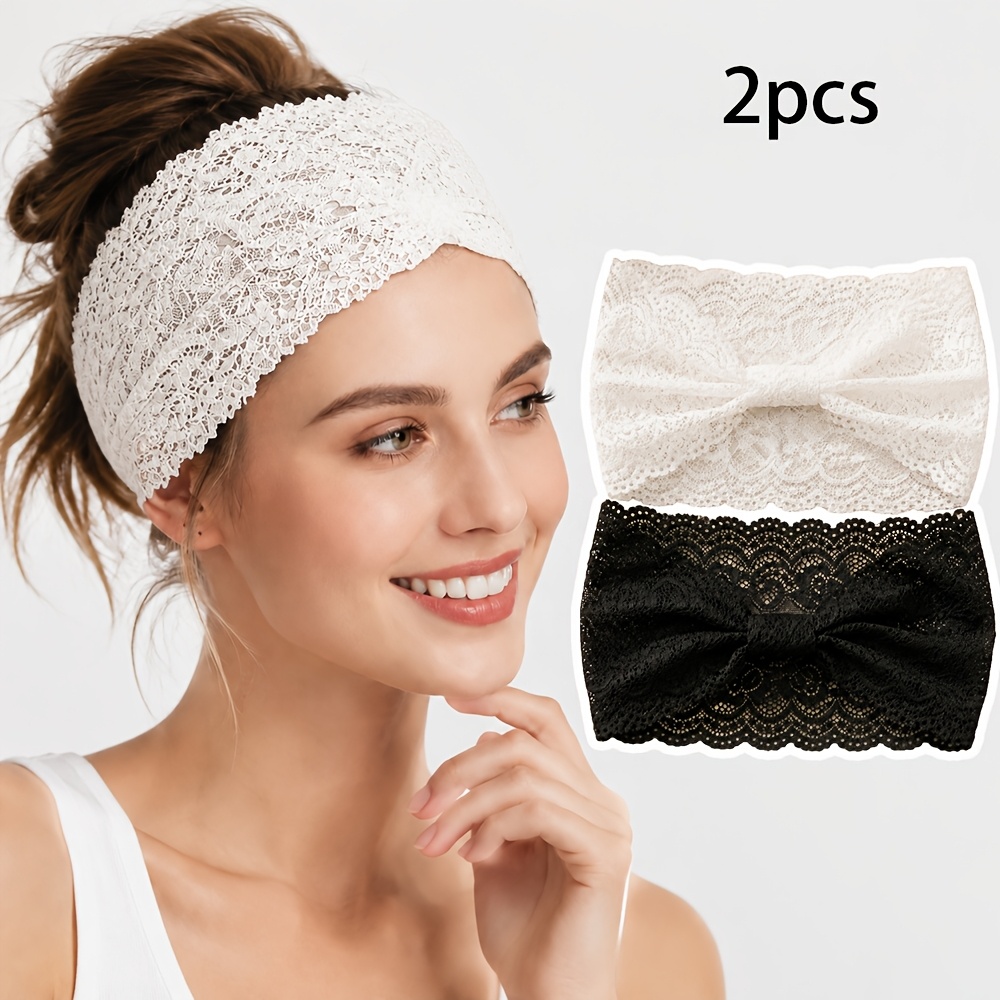 TEMU 2pcs Women's Fashion Headbands, Vintage Lace Hollow-out Headbands, Stretchy Elastic Hairbands, Suitable For Daily Use, Festivals, Exercise,