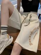 womens summer basketball shorts loose straight fit breathable casual sports design korean style foam print trendy heavyweight thin streetwear drawstring waistband beige with white basketball court detail elastic waistband comfortable for activities