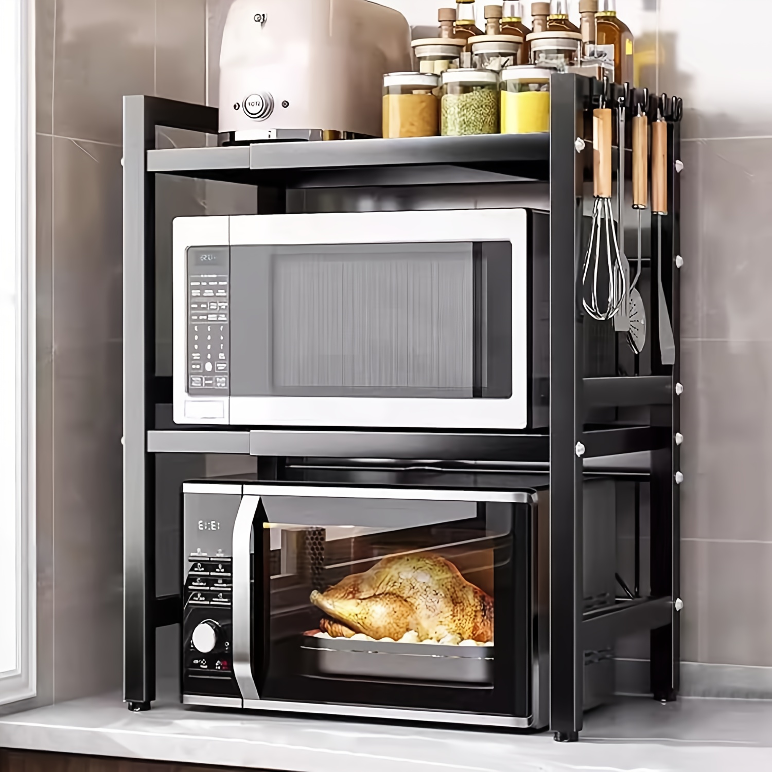TEMU 1 pieza Estante expandible de 3 niveles para microondas, estante de almacenamiento de metal para encimera de cocina con 6 ganchos, organizador