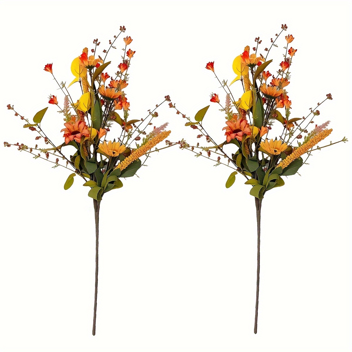 Image of 2pcs Fall Flowers Bouquets, 21.7" Artificial Flower Decoration For Thanksgiving Halloween Autumn Festivals Room Garden Farmhouse Indoor Outdoor Home Decor (without Vase)