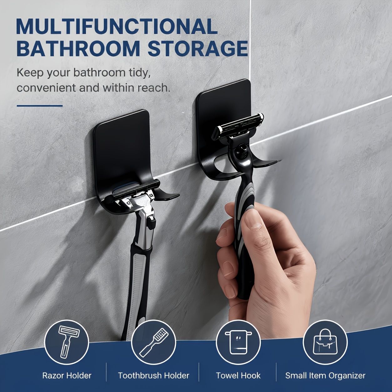 TEMU 2pcs Punch-free Self-adhesive For Razor Holder Waterproof Black Wall Mount Shaver Storage Hook Multifunctional Bathroom Organizer For Razors