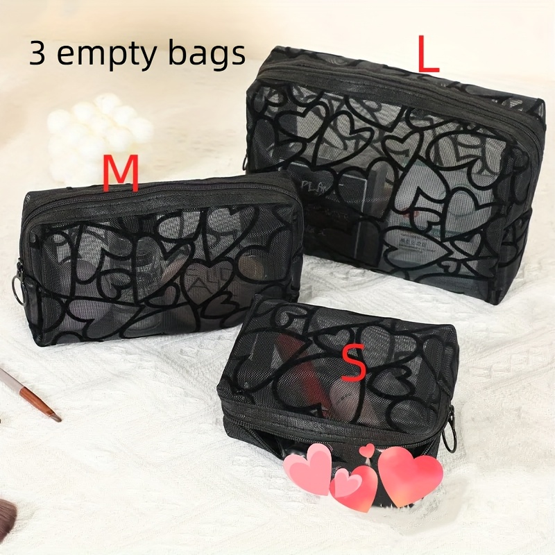 3pcs,mesh Makeup Bag With Heart Pattern - Breathable Cosmetic Pouch For Travel, Fits Lipstick, Brushes, Electronics, Organizer (black)