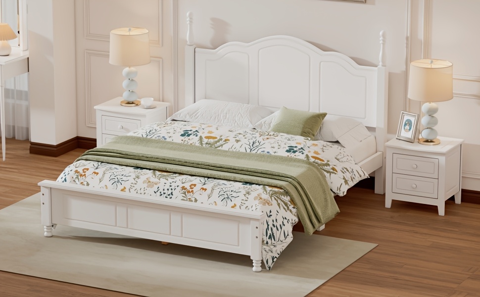 BELLEMAVE Queen Size Platform Bed Frame With Headboard, Wooden Slat Support, No Box Spring Needed, Easy Assembly, Sturdy Structure, Bedroom Furniture With Classic Vintage Design, White