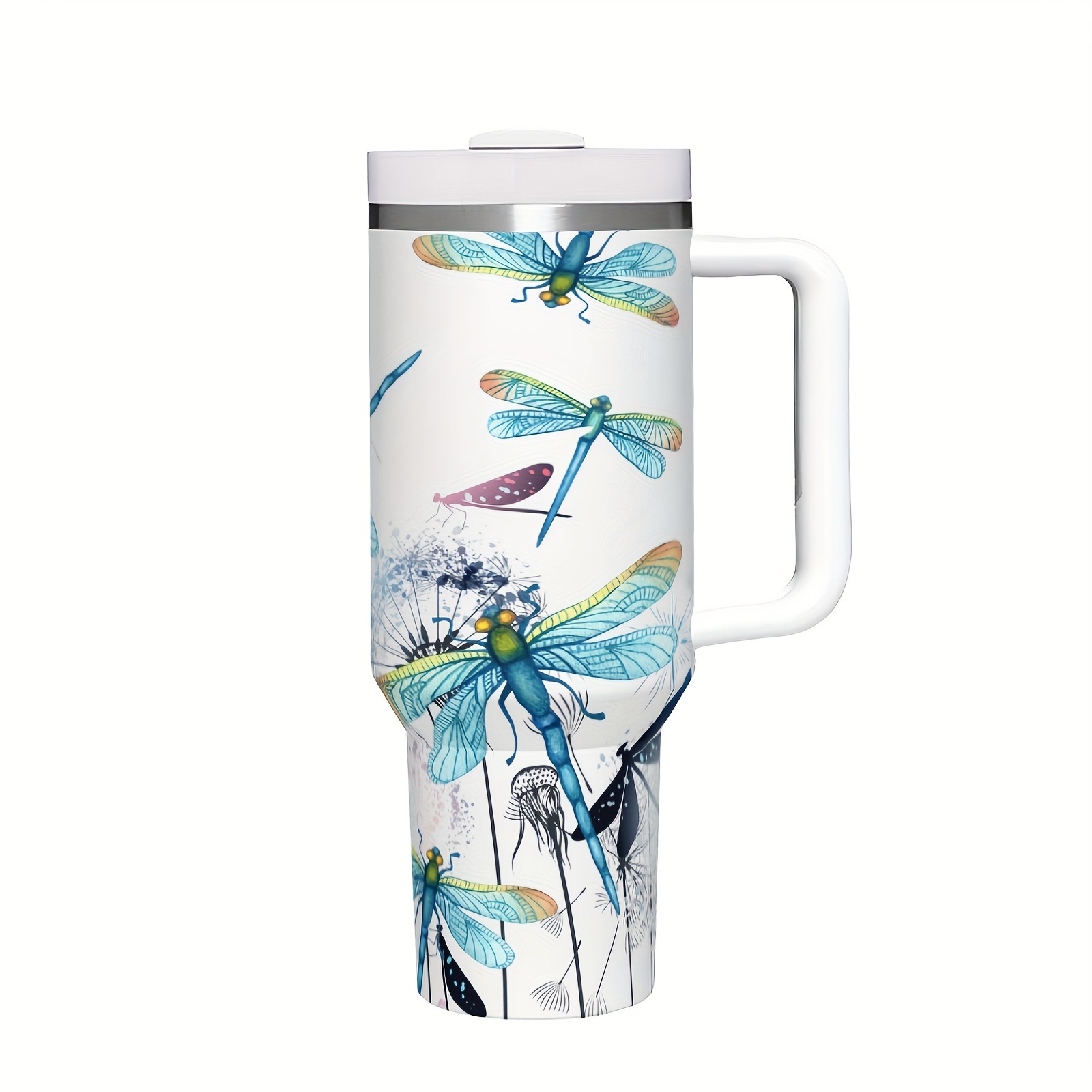 

1pc Dragonfly Design 40oz Insulated Tumbler With Handle And Lid, Double Wall Stainless Steel Travel Mug For Hot & Cold Beverages, Reusable, Hand Wash Only, Perfect For Sports And Outdoor Activities