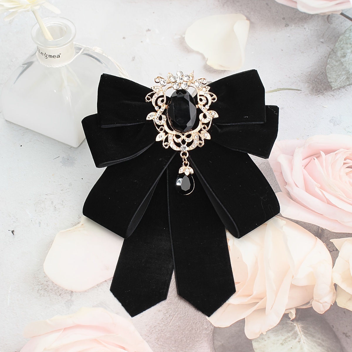 TEMU Exquisite Velvet Bow Synthetic Gems Inlaid Brooch Clothing Pin Luxury Elegant Style Banquet Accessories