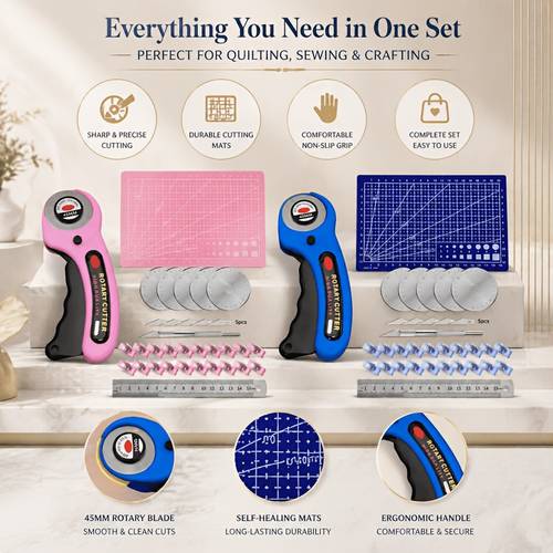set of fabric cutting tool kit with automatic locking blade design self healing cutting pad replacement blade 20 fabric clips and a necessary ruler for sewing very suitable for cutting paper fabric