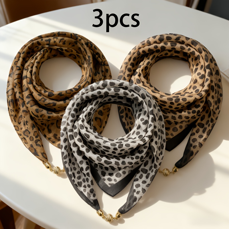 TEMU Un ensemble de 3 foulards à imprimé léopard avec des perles décoratives - Offrant un design à imprimé animal tendance qui complète divers looks