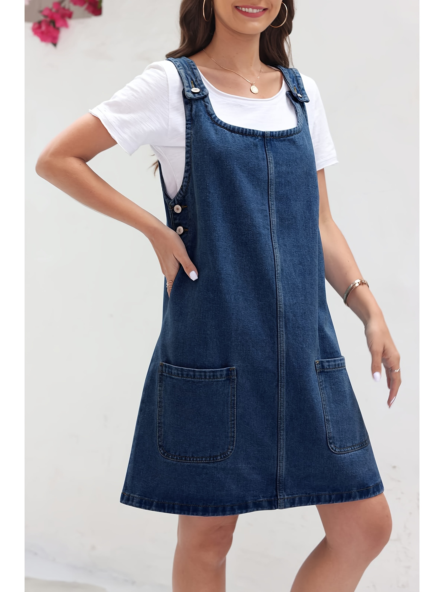 Women's Sleeveless Casual Denim Dress Crewneck Vintage Overall Mini Dress  With Pockets