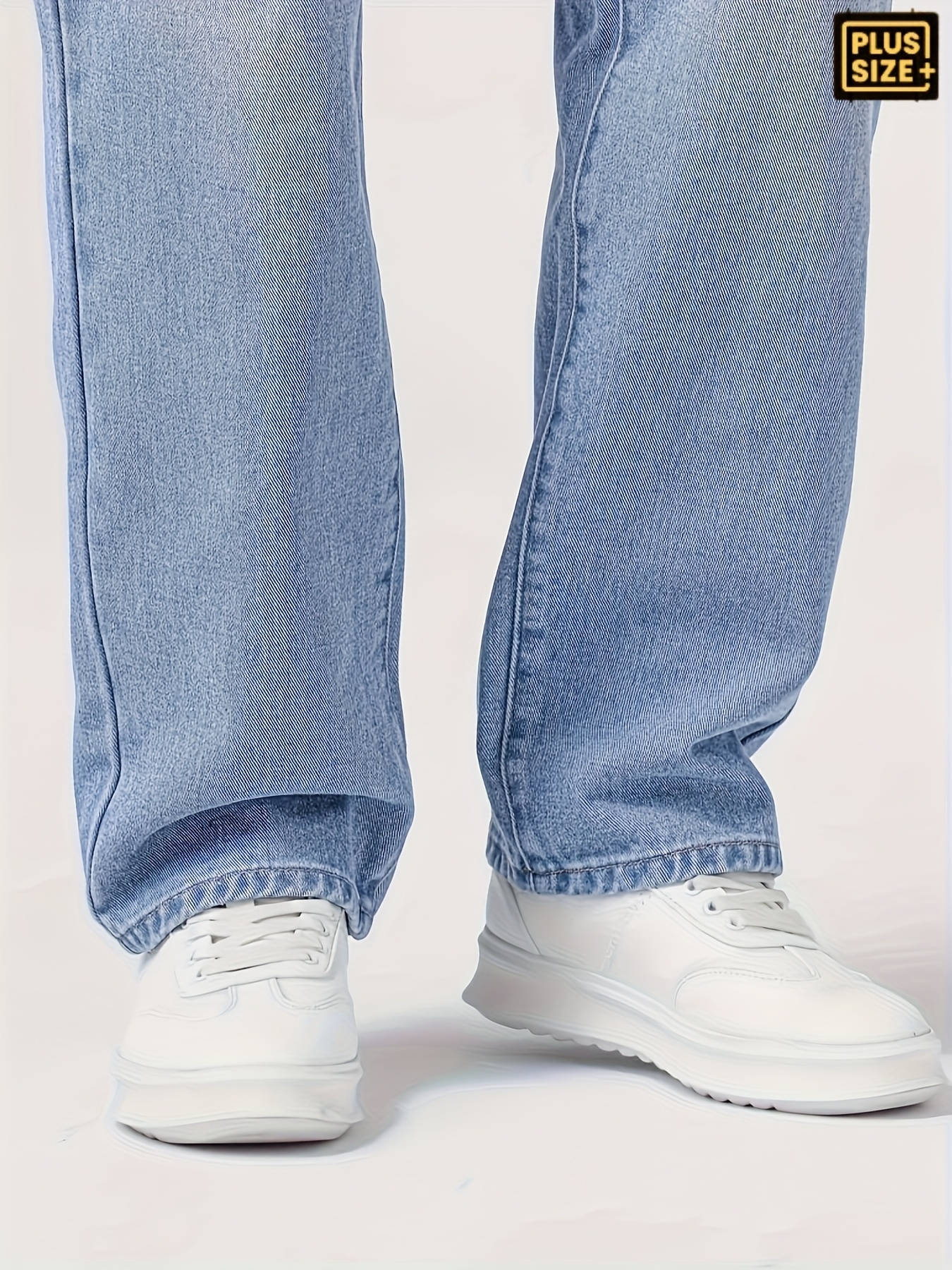 Men'S Plus Size Comfort Stretch Straight-Leg Jeans - Light Blue Washed Denim, Loose Fit Casual Pants with Button Closure, All-Season Wear, Comfortable Clothing | Straight Leg Jeans | Medium Elasticity