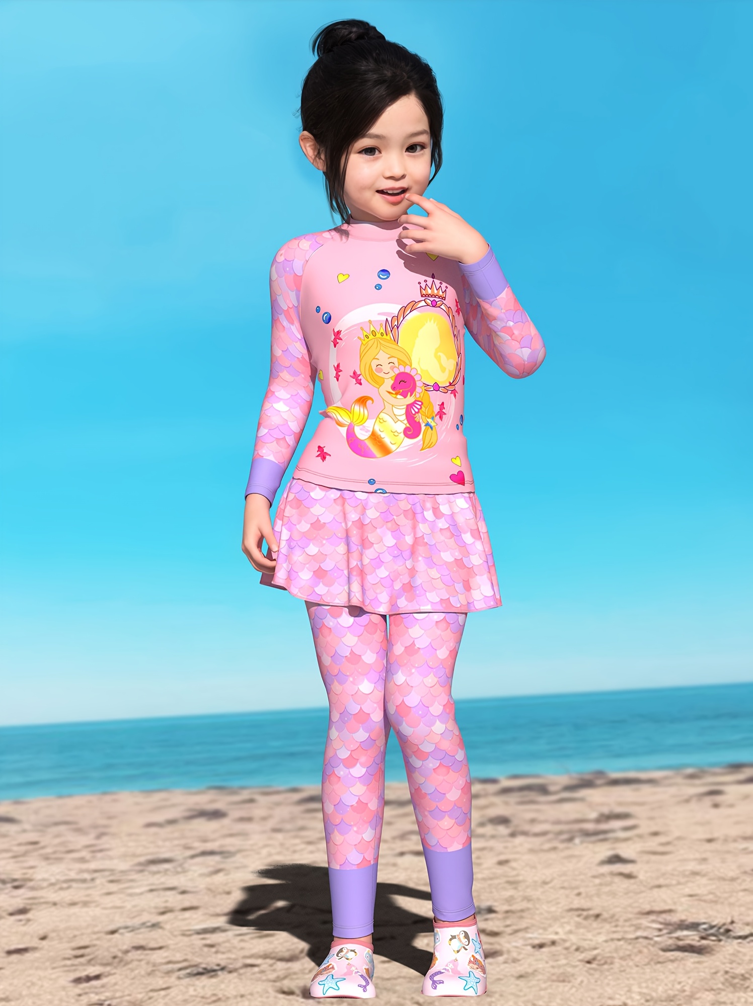 Girls' Long Sleeve Mermaid Swimsuit with Floral Rainbow Design High  Stretch Sun Protection Beachwear, Sleeveless Swim Dress for Easter Parties  S