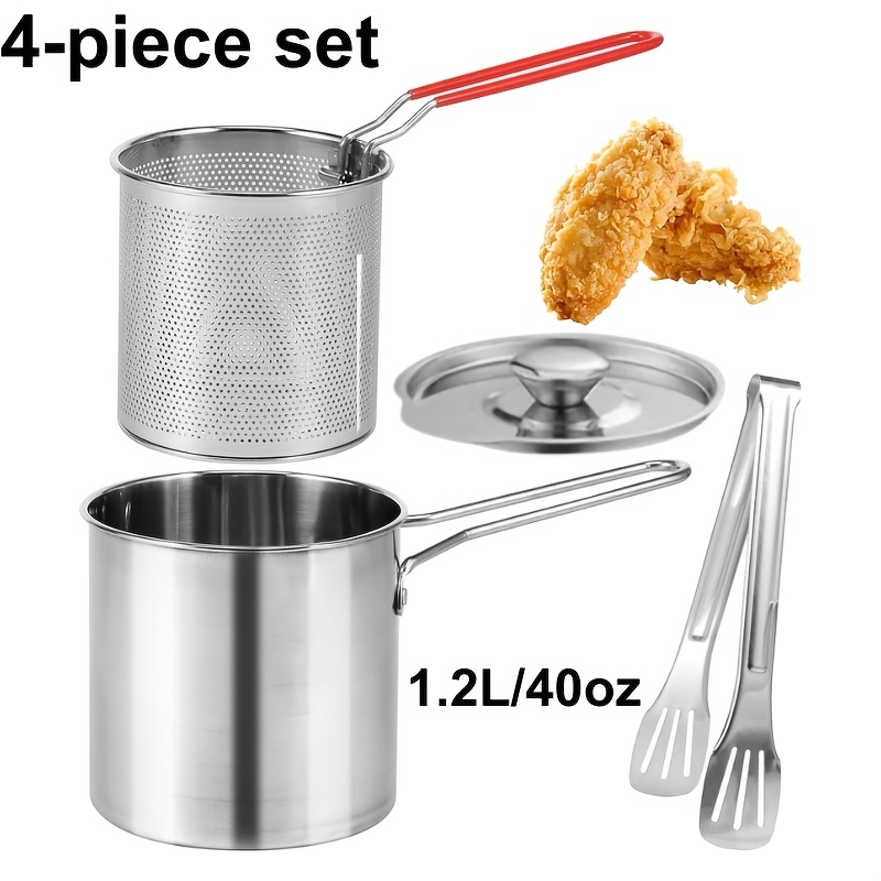 TEMU 4pcs Heavy Duty 304 Stainless Steel Deep Fryer Set, Includes Frying Basket, Lid, Tongs, Removable Handle For Easy Carry, Induction Compatible,