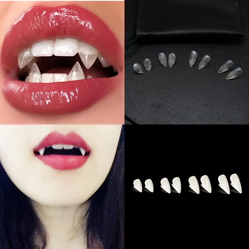 

4 Pairs Vampire Fangs Set, Resin Cosplay Teeth With Bite Gel, Monster Theme, , Non-textile Material, For New Year, Carnival, Christmas Role-play Costume Accessories