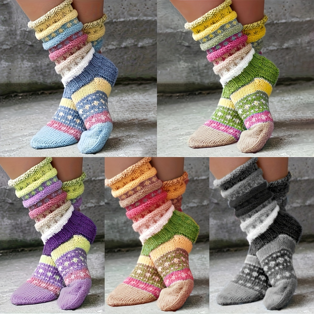 

5-pack Cozy Striped Acrylic Plush Slippers Socks, Hand-knitted Warm Floor Socks For Women, 100% Acrylic, Hand Wash/