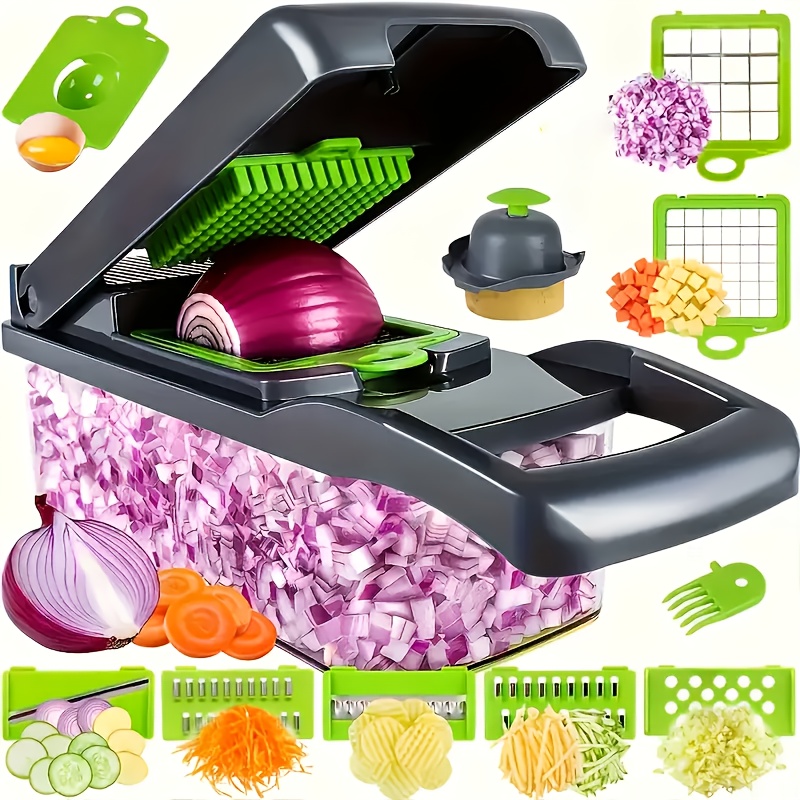 

14pcs/set Upgraded Multifunctional Vegetable Chopper, Onion Mincer, Fruit Slicer, Handle Food Grater, Cutter With Container, Multiple Interchangeable Blades, Kitchen Gadgets, Kitchen Accessories