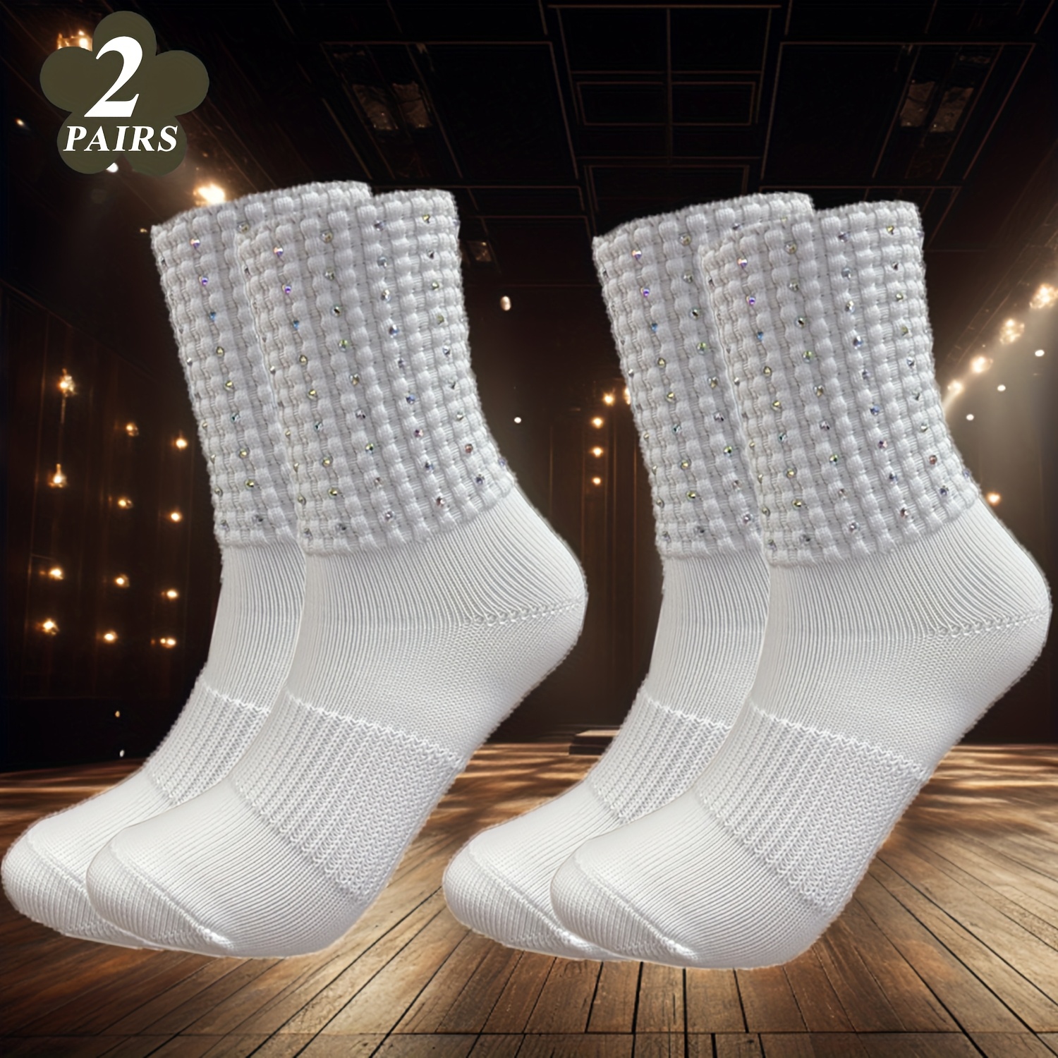 TEMU S Soft Breathable Ribs For Spring/summer/autumn White Nylon Irish Dance Socks With Ab Rehinestone, Stay-up Poodle Length Socks
