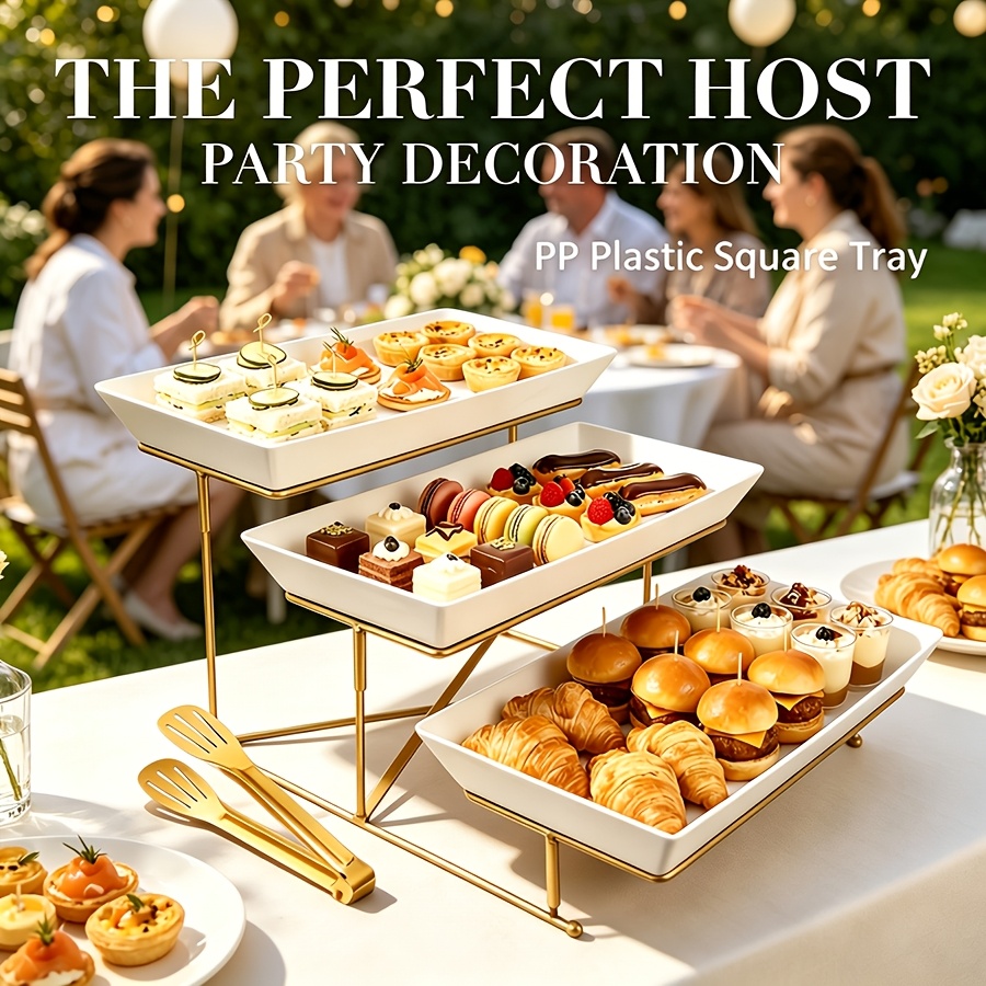 Image of 3-tier Serving Tray Stand With Tongs, Metal Stand And 3 Pp Plastic Square Trays, Easy Assembly Dessert Display Stand For Cupcakes, Fruits, Snacks, Buffet, Tea Party Gathering