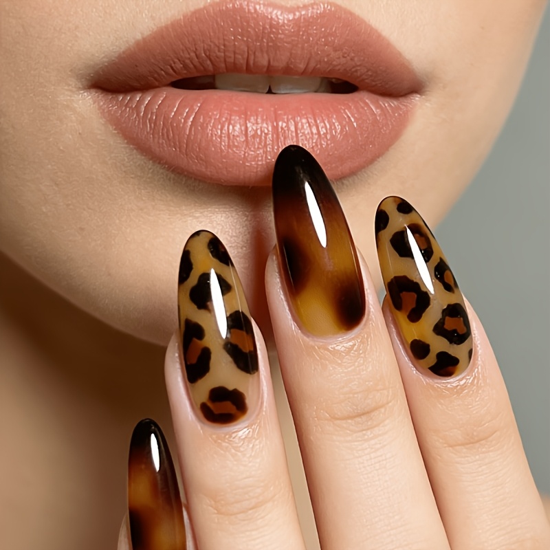 TEMU Brown Leopard Print Design, Glossy End, Medium-long Almond-shaped, 24 Removable Nail Tips, Wearable Nails, False Nails, Gel Type, Press-on False