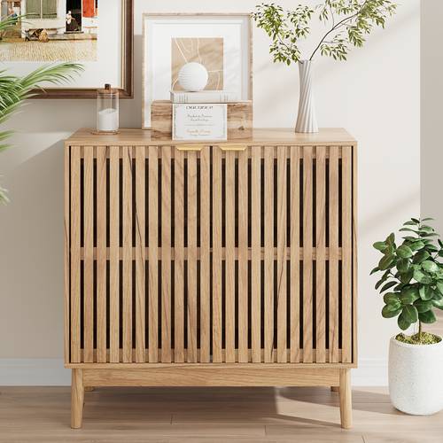 buffet sideboard in century with slatted wood storage cabinet featuring an adjustable shelf suitable for kitchen and dining use