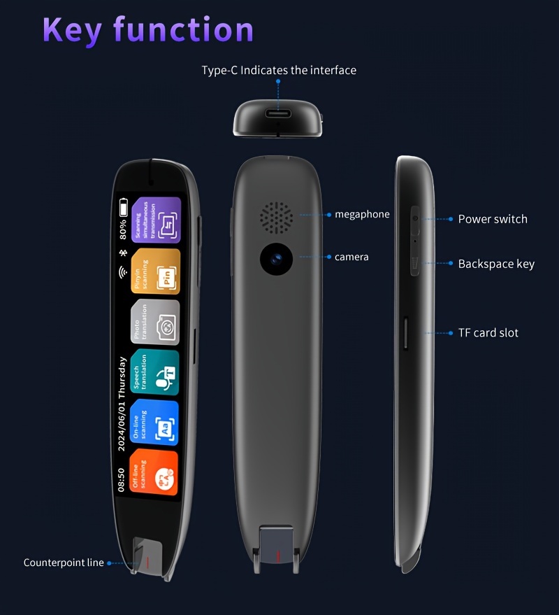 Vertimo rašiklis su OCR teksto skenavimu, USB įkrovimu, 142 kalbų palaikymu, tekstas į kalbą, Wi-Fi funkcija, litių polimerinė baterija, kalbų mokiniams, verslui, kelionėms - įkroviklis nėra įtrauktas