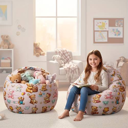kids stuffed animal storage bean bag cover soft polyester organizer sit on pouf teddy design zipper great gift of boys and girls filler not included under bed storage