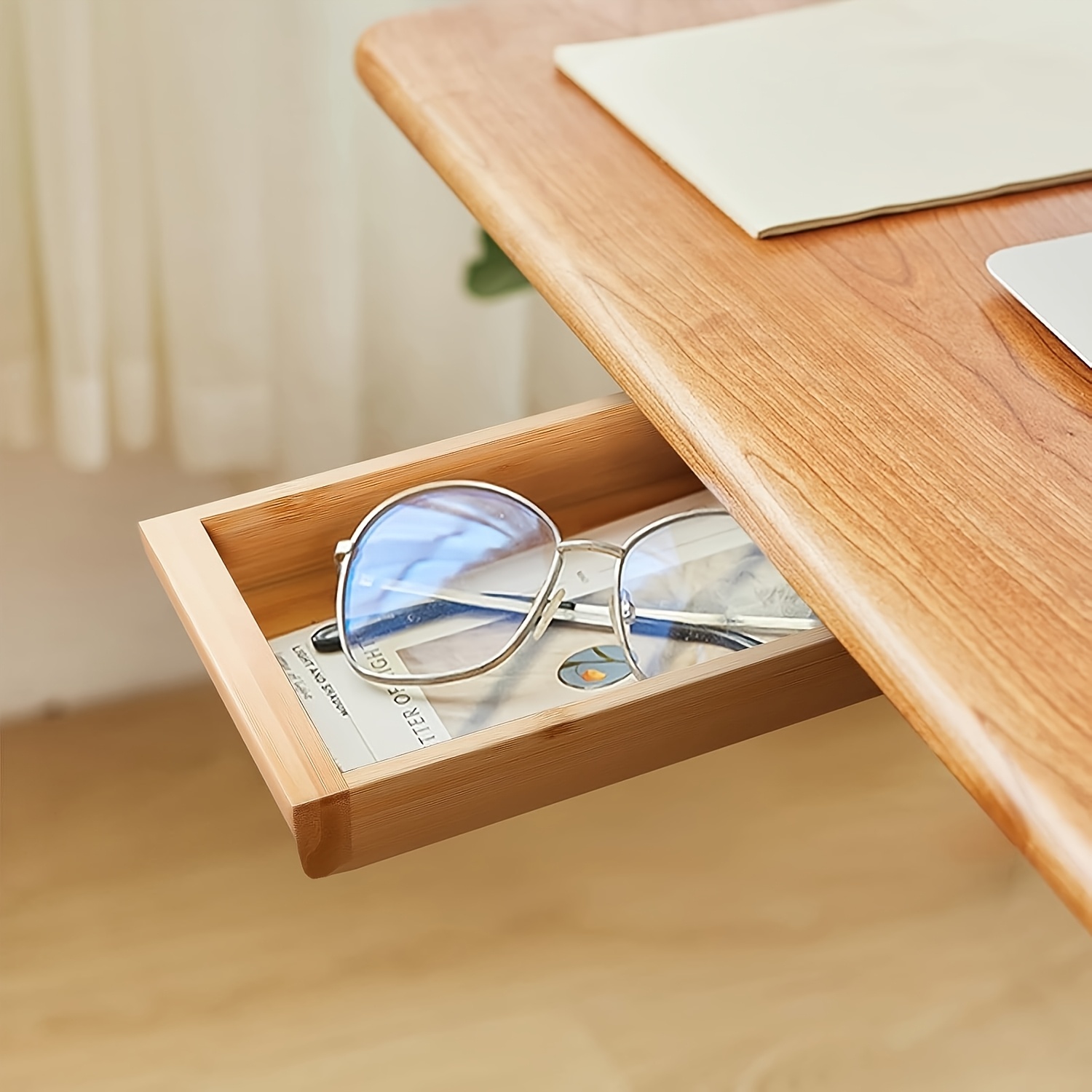 Under Desk Drawer Bamboo, Self-adhesive Hidden Drawer Organizer Slide Out, Handmade Under Table Storage, Pencil Phone Holder For Office Home Classroom(large/medium/small)