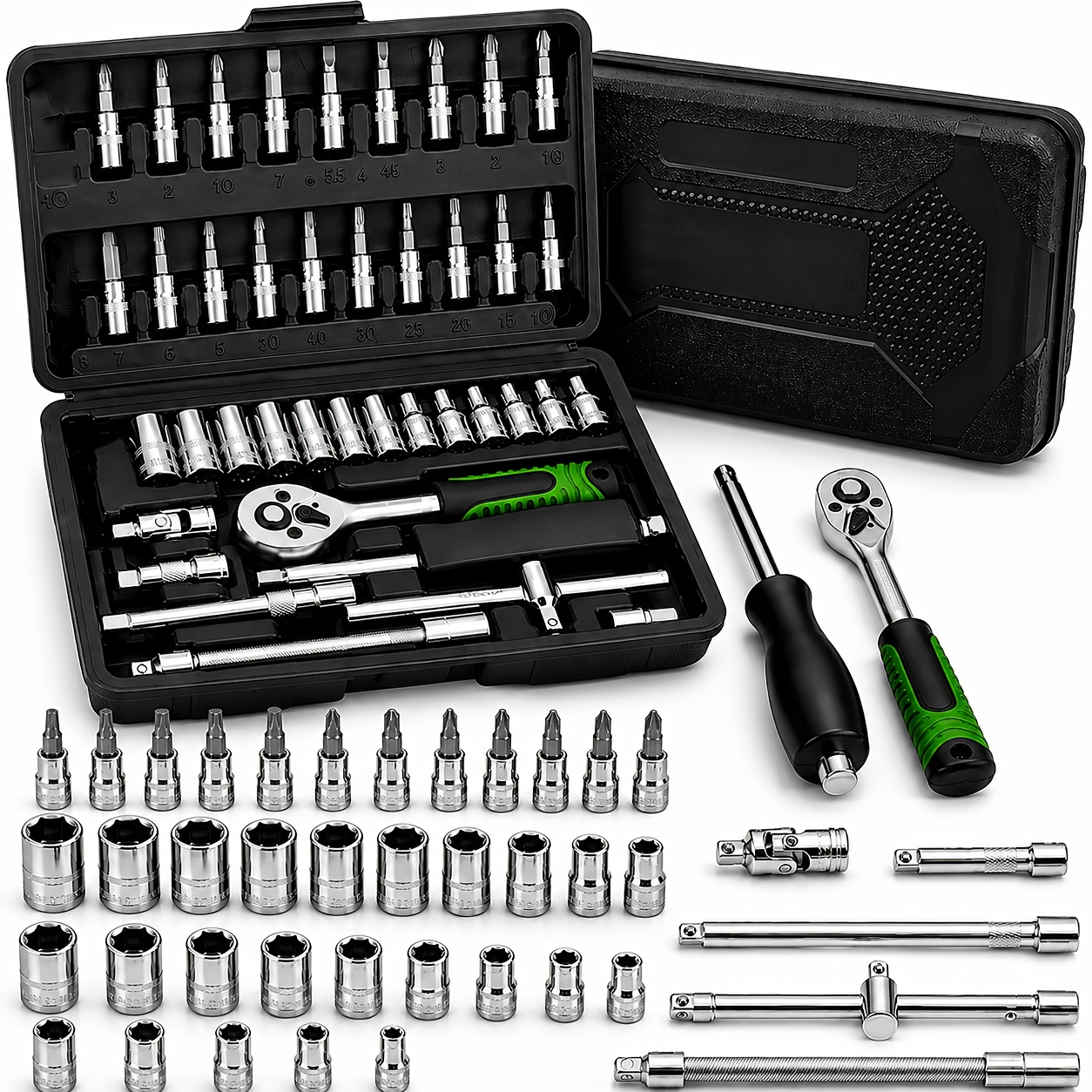 TEMU 46pcs Automotive Tool Set, 1/4" Drive Ratchet Wrench And Socket Set With Standard And Deep Sockets, Professional Car And Motorcycle Repair Tool