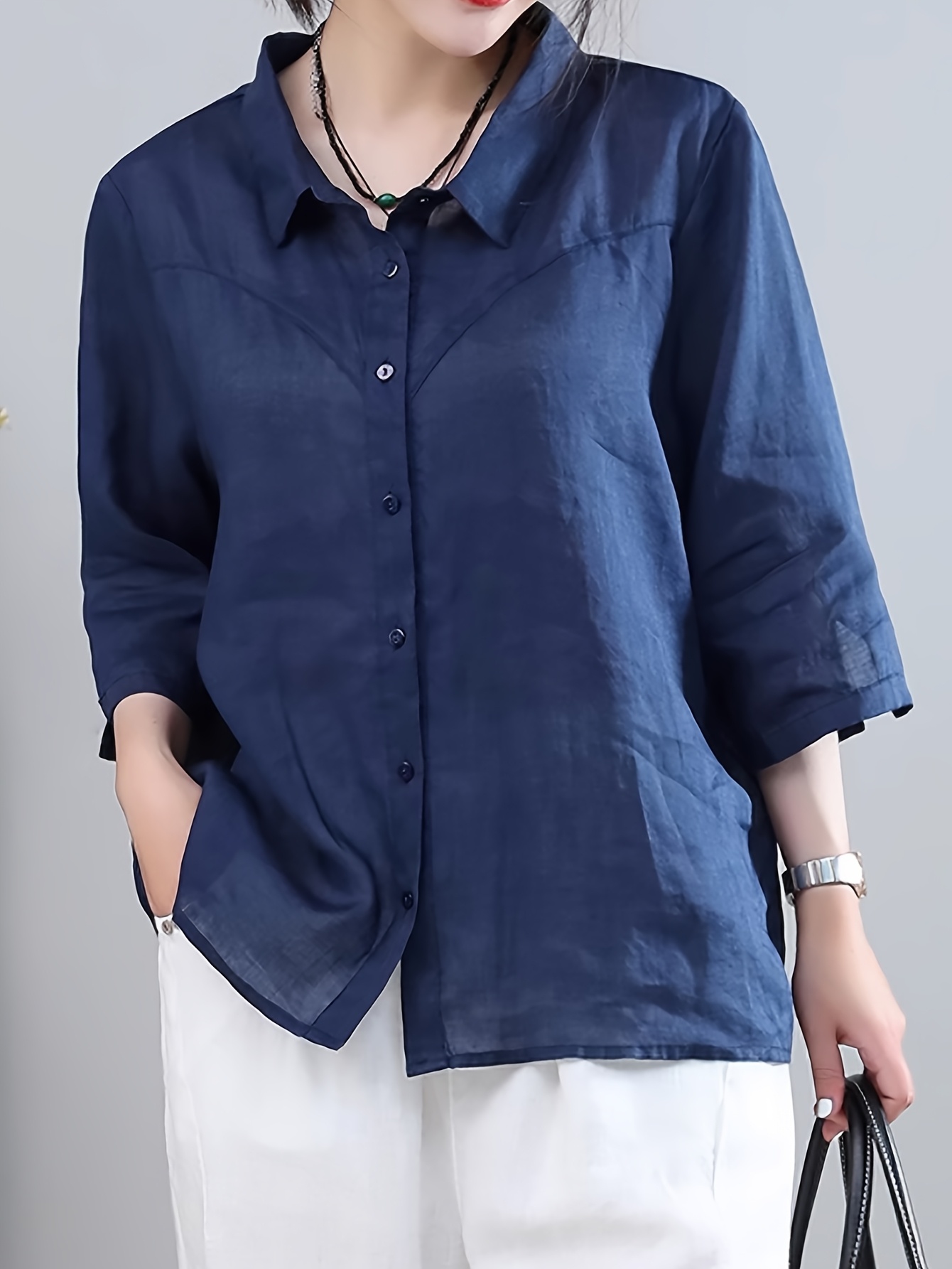 women's summer linen shirt casual loose fit button collar